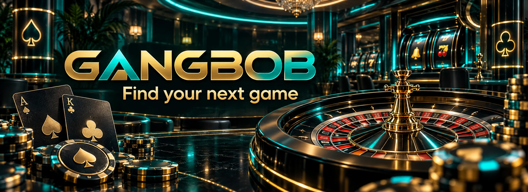 Gangbob artwork with teal casino lights and gold accents
